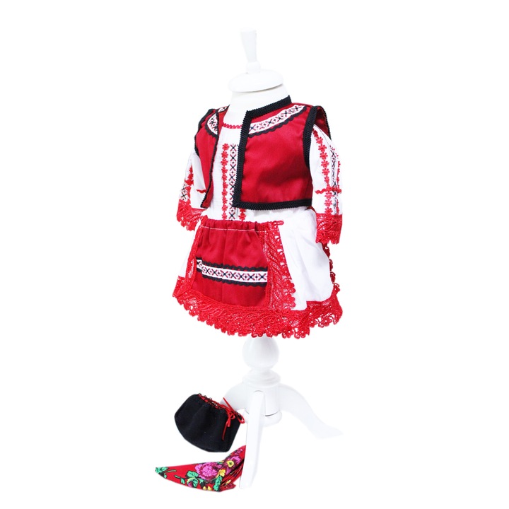 Costum popular alb-rosu pentru botez, 5 piese, bluza, fusta, vesta, batic, botosi, pentru fetite, REC2, 9-12 luni