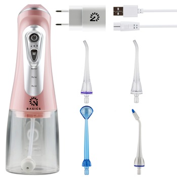 Irigator Oral Profesional Portabil pentru dus bucal, 9 Moduri de Lucru, 330 ml, Roz, 4 capete Irigator Oral Profesional Portabil pentru dus bucal, 9 Moduri de Lucru, 330 ml, Roz, 4 capete