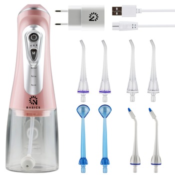 Irigator Oral Profesional Portabil pentru dus bucal, 9 Moduri de Lucru, 330 ml, Roz, 8 capete Irigator Oral Profesional Portabil pentru dus bucal, 9 Moduri de Lucru, 330 ml, Roz, 8 capete