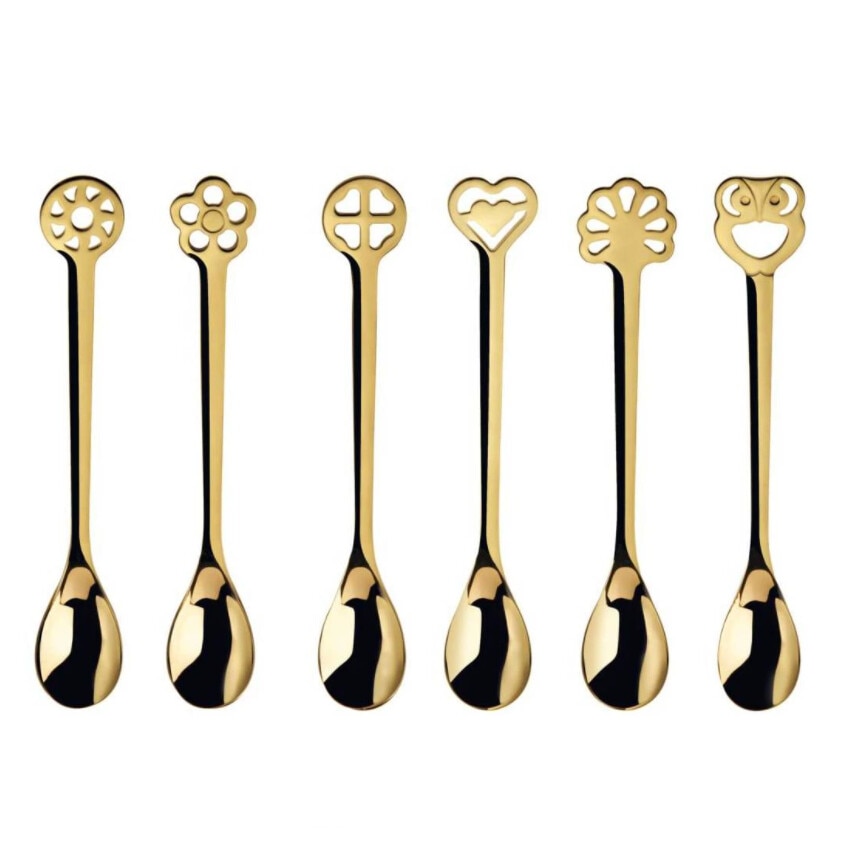 Set 6 lingurite pentru cafea Casa Bugatti, Portafortuna, placate cu aur 24k, cutie de prezentare, material premium, finisaj lucios, otel inoxidabil, auriu