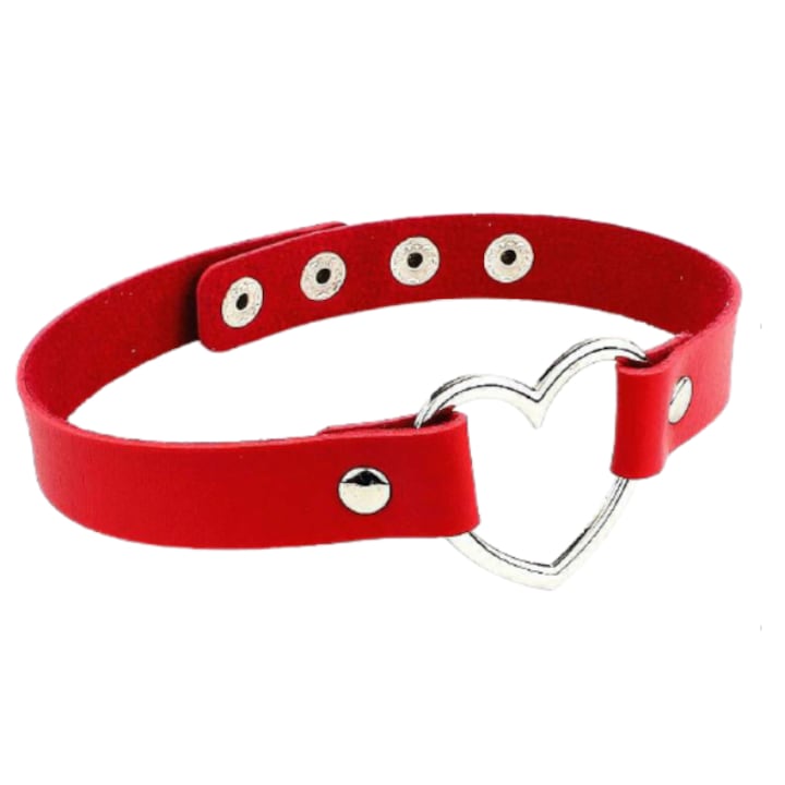 Чокър огърлица със сърце, червен цвят, Кожа