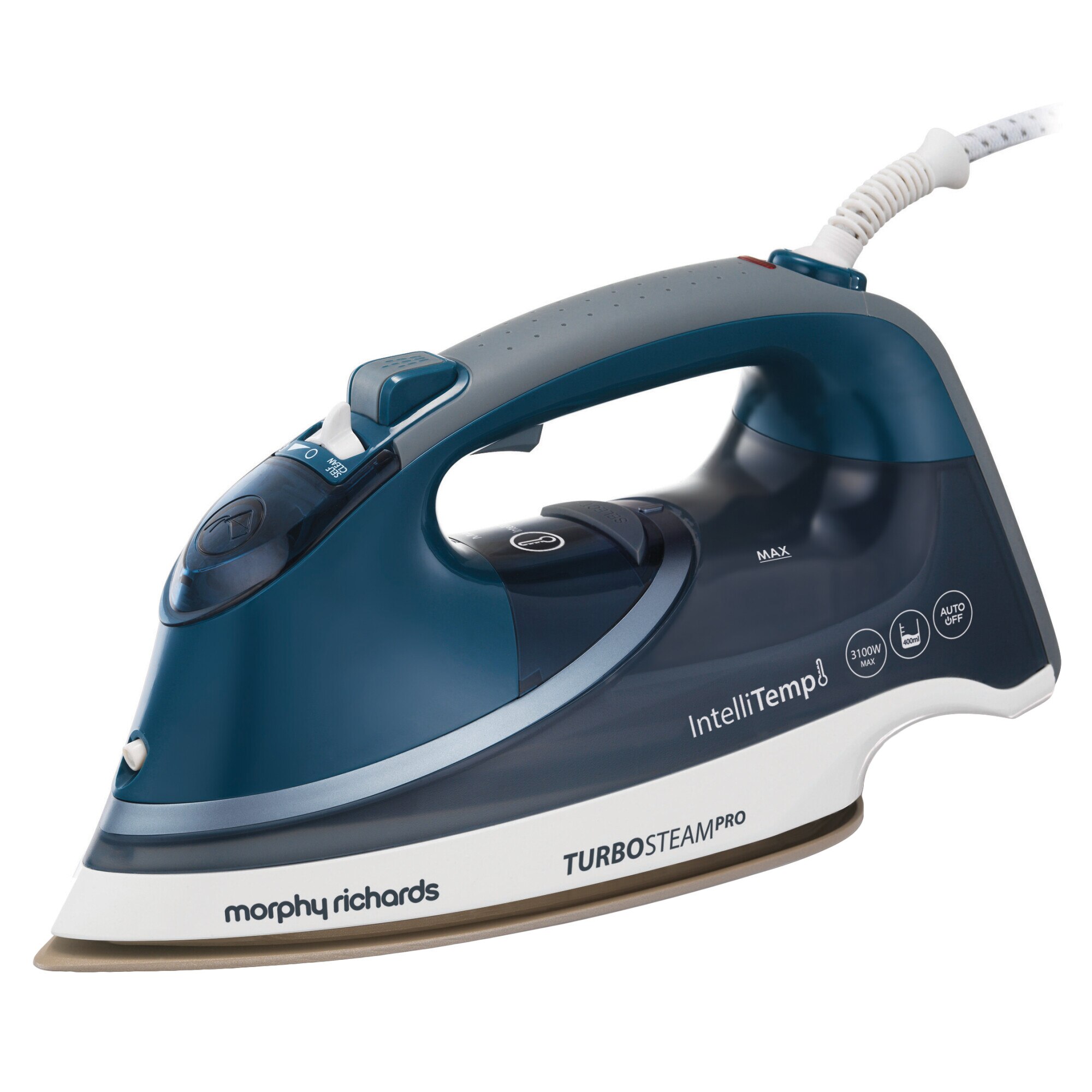 Fier de calcat Morphy Richards Turbosteam Pro Intellitemp 303131, 3100W, 55g/min, 2000 g debit abur continuu, capacitate rezervor 400ml, anticalcar, autocuratare, cablu alimentare 3 m, Alb/Albastru