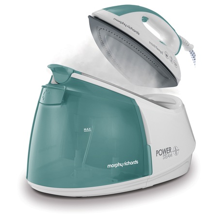 Statie de calcat Morphy Richards Power steam Intellitemp 333300, 2600W, 5 bar, 1.5l functie Intellitemp, Talpa Ceramica, 110g/min, 190g debit de abur continuu, Alb/Verde