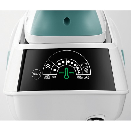 Statie de calcat Morphy Richards Power steam Intellitemp 333300, 2600W, 5 bar, 1.5l functie Intellitemp, Talpa Ceramica, 110g/min, 190g debit de abur continuu, Alb/Verde