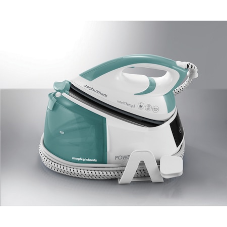 Statie de calcat Morphy Richards Power steam Intellitemp 333300, 2600W, 5 bar, 1.5l functie Intellitemp, Talpa Ceramica, 110g/min, 190g debit de abur continuu, Alb/Verde
