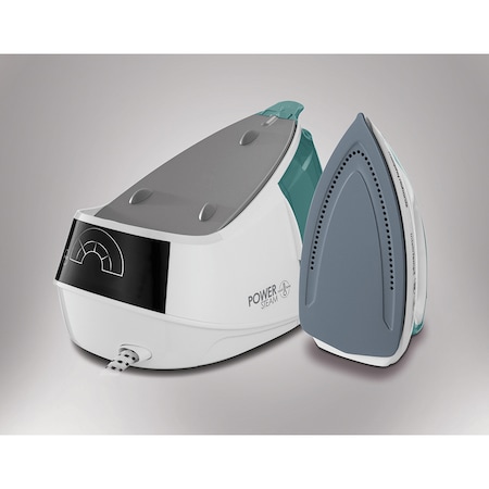 Statie de calcat Morphy Richards Power steam Intellitemp 333300, 2600W, 5 bar, 1.5l functie Intellitemp, Talpa Ceramica, 110g/min, 190g debit de abur continuu, Alb/Verde