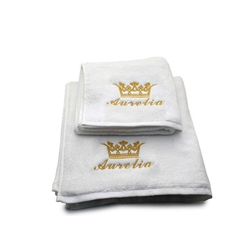 Set 2 Prosoape baie, Royal Home, Brodate, bumbac 100%, Alb, 70x140cm+50x90cm, 650gr/mp, Model Coroana Regina cu Nume Set 2 Prosoape baie, Royal Home, Brodate, bumbac 100%, Alb, 70x140cm+50x90cm, 650gr/mp, Model Coroana Regina cu Nume