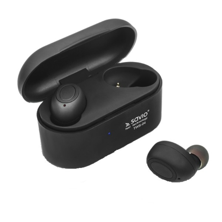 Savio TWS-04 True Wireless fülhallgató, sztereó hang, Bluetooth 5.0, fekete