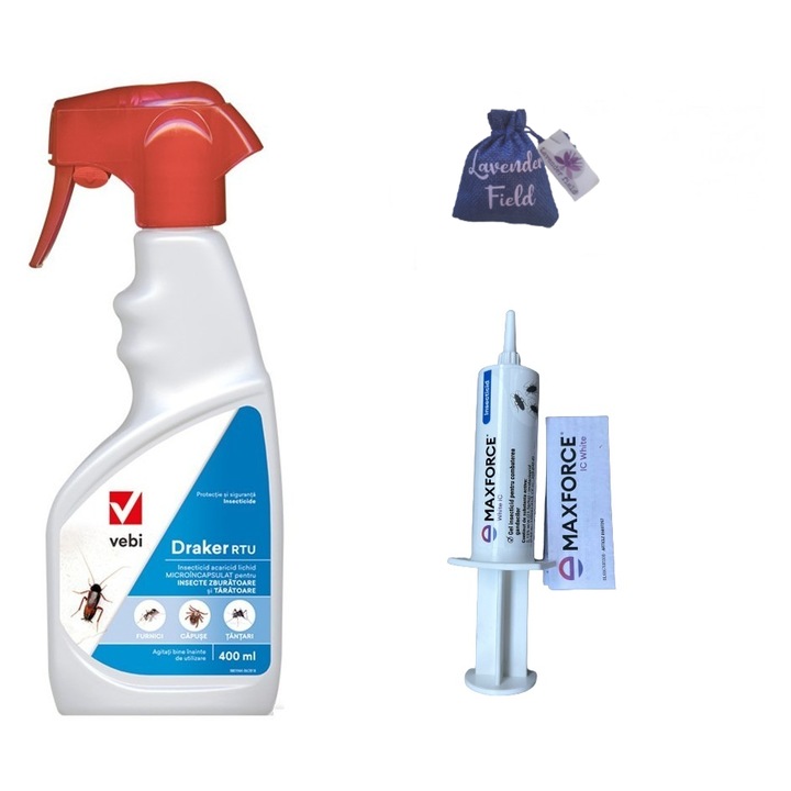 Set insecticid Draker Rtu 400 ml si gel MaxForce 20 gr, anti gandaci, insecte si sac lavanda LF 10 gr