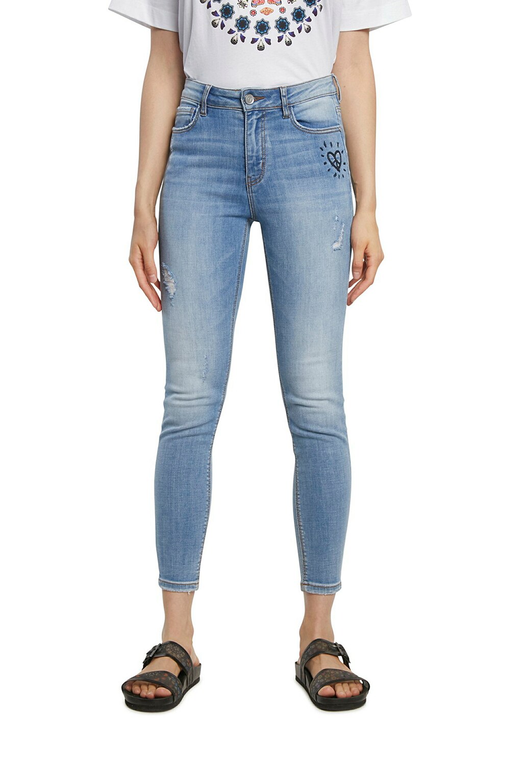 DESIGUAL, Blugi crop skinny Alba, Albastru deschis