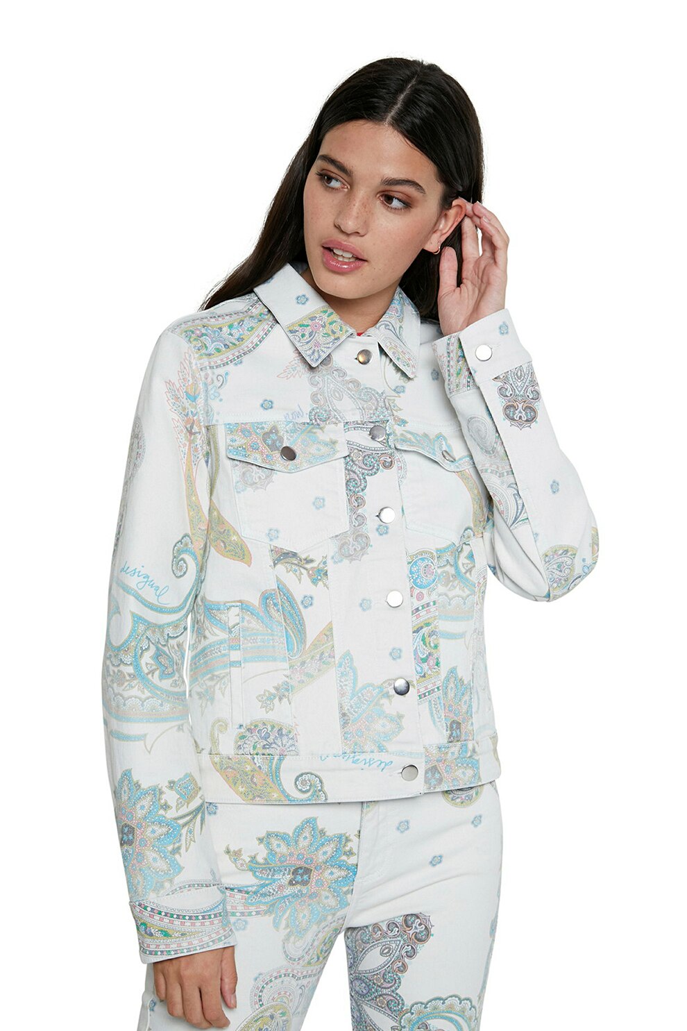 DESIGUAL, Jacheta din denim cu motive orientale, Alb/Albastru/Galben