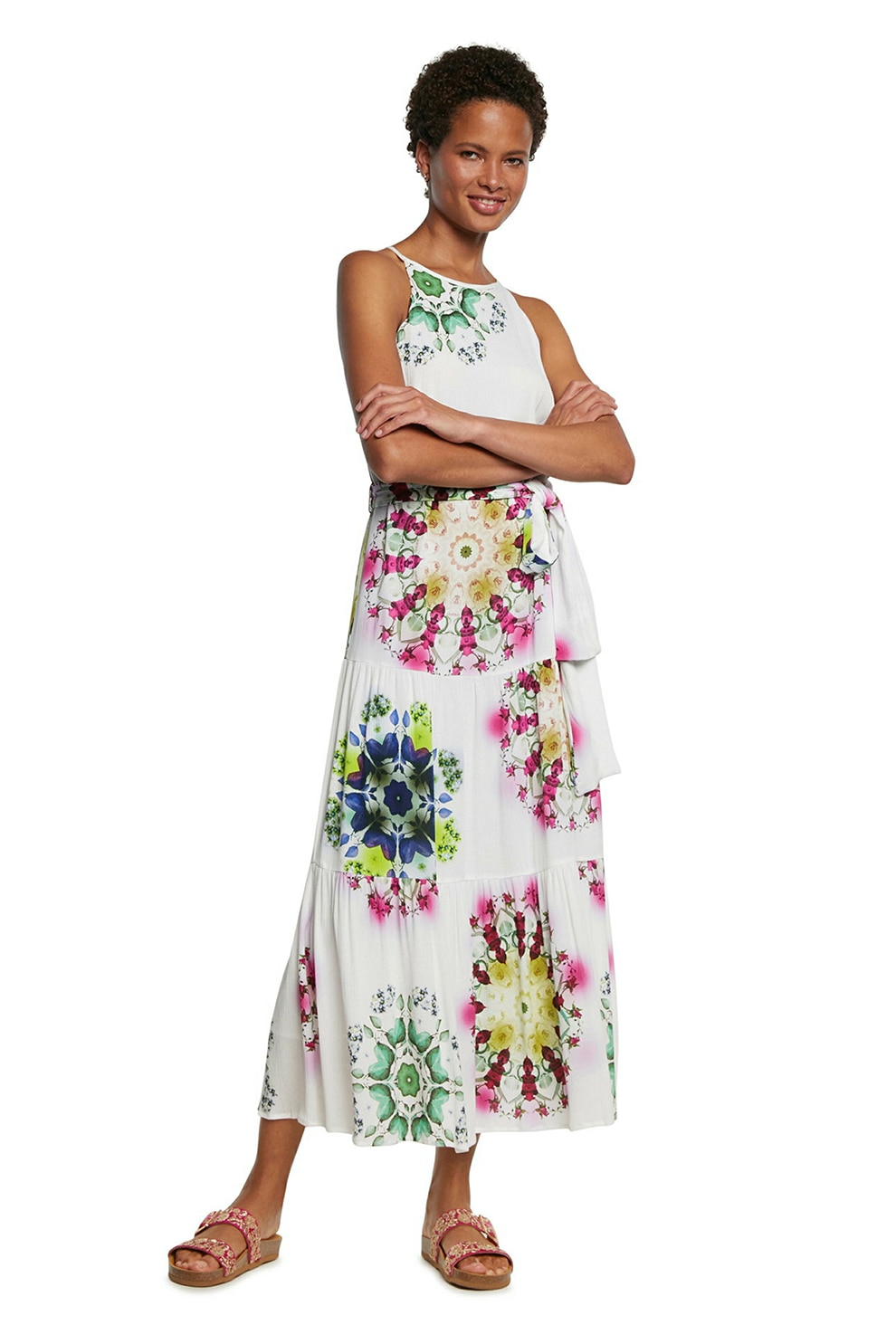 DESIGUAL, Rochie midi evazata cu imprimeu, Alb/Roz/Albastru