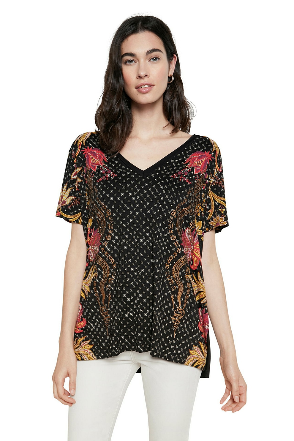 DESIGUAL, Tricou lejer cu decolteu in V, Negru/Galben/Rosu