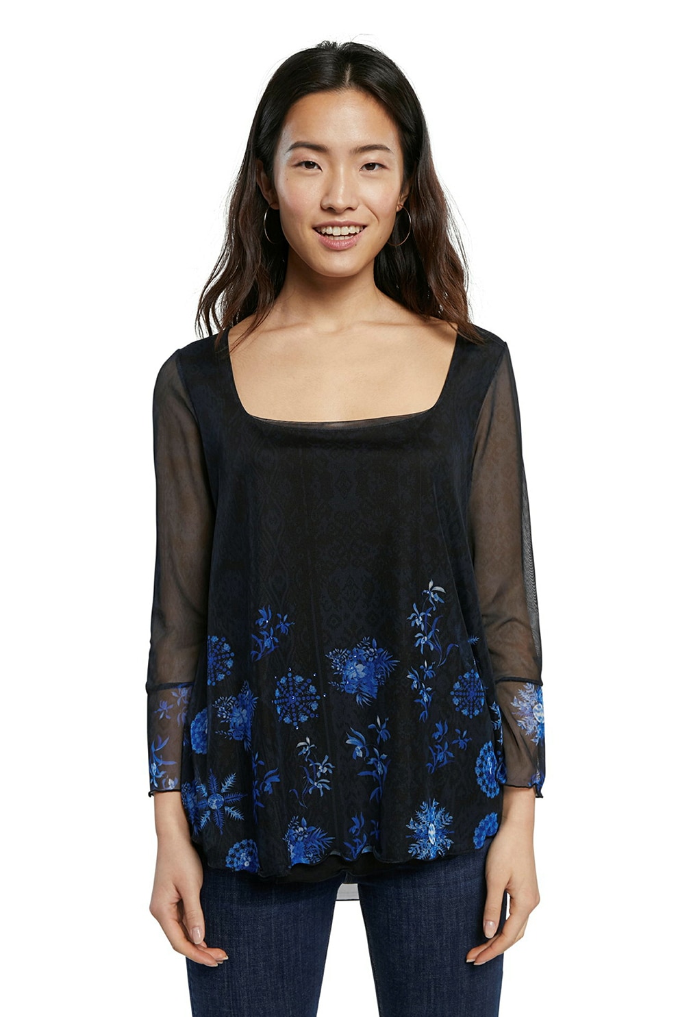 DESIGUAL, Bluza cu model floral, Bleumarin