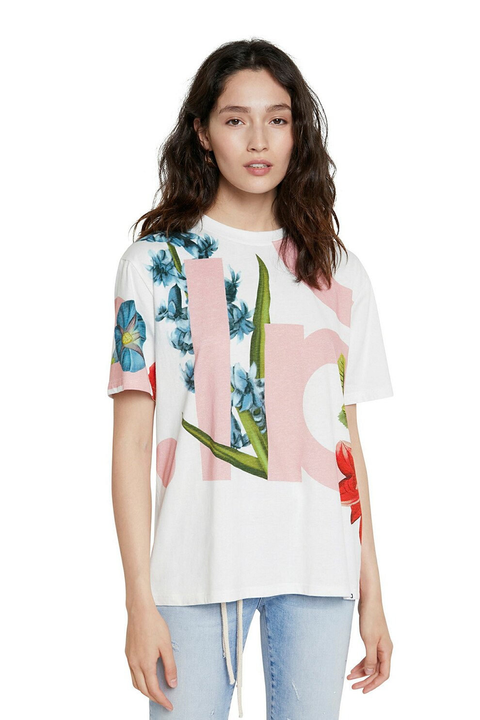 DESIGUAL, Tricou cu decolteu la baza gatului si imprimeu floral, Alb/Roz/Albastru