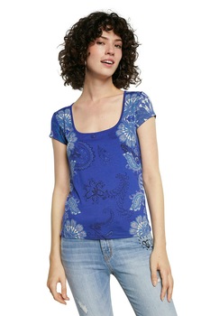 DESIGUAL, Tricou cu model si decolteu patrat, albastru, alb DESIGUAL, Tricou cu model si decolteu patrat, albastru, alb