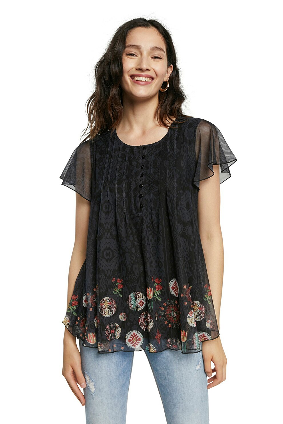 DESIGUAL, Bluza vaporoasa cu model abstract, Negru