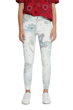 DESIGUAL, Blugi slim fit cu model oriental, Alb/Albastru DESIGUAL, Blugi slim fit cu model oriental, Alb/Albastru