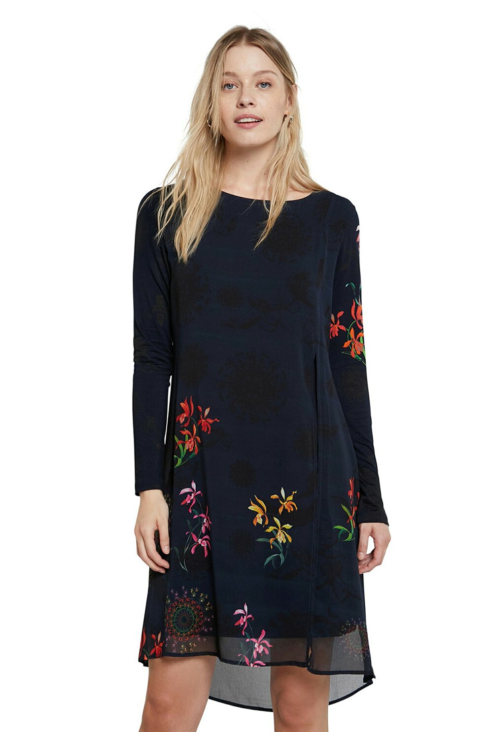 DESIGUAL, Rochie cu imprimeu si terminatie asimetrica, Bleumarin