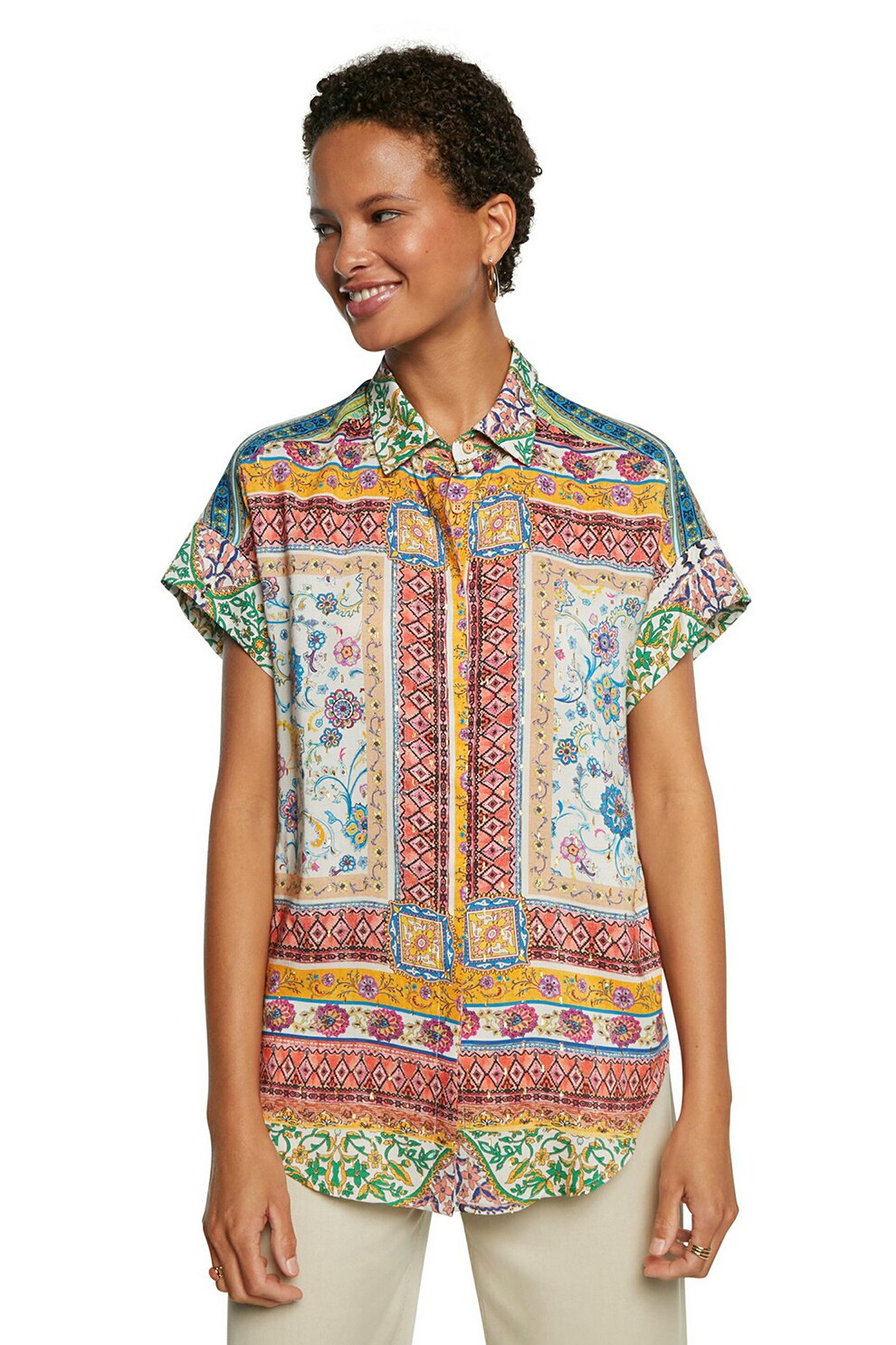 DESIGUAL, Camasa supradimensionata cu model etnic, Multicolora