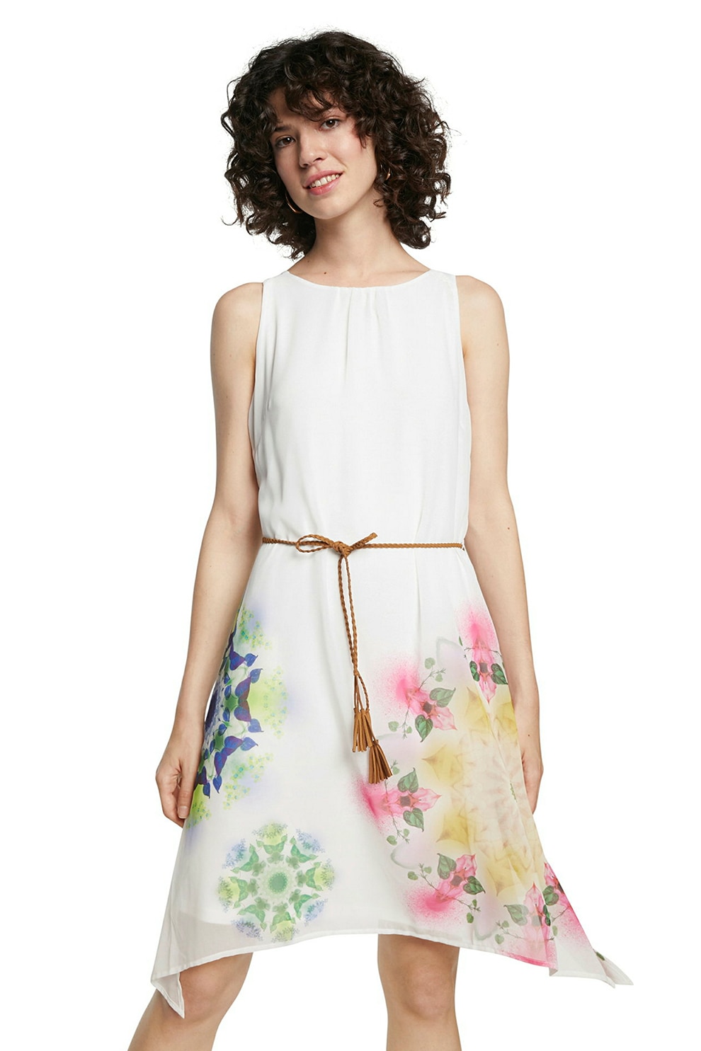 DESIGUAL, Rochie mini cu imprimeu si terminatie asimetrica, Alb/Galben/Roz