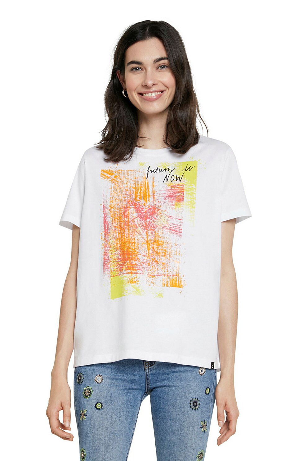 DESIGUAL, Tricou cu imprimeu grafic, Alb