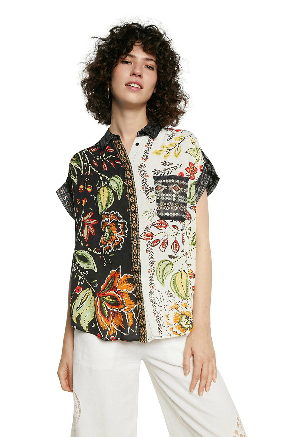 DESIGUAL, Camasa cu model floral si colorblock, Multicolora
