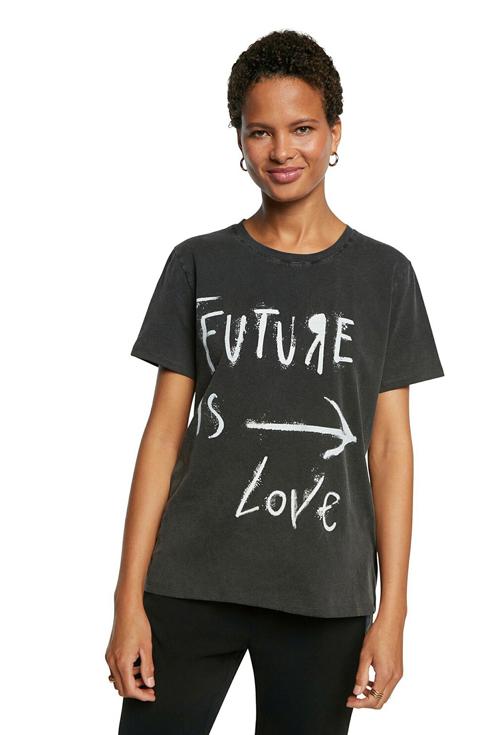 DESIGUAL, Tricou cu imprimeu text, Gri inchis
