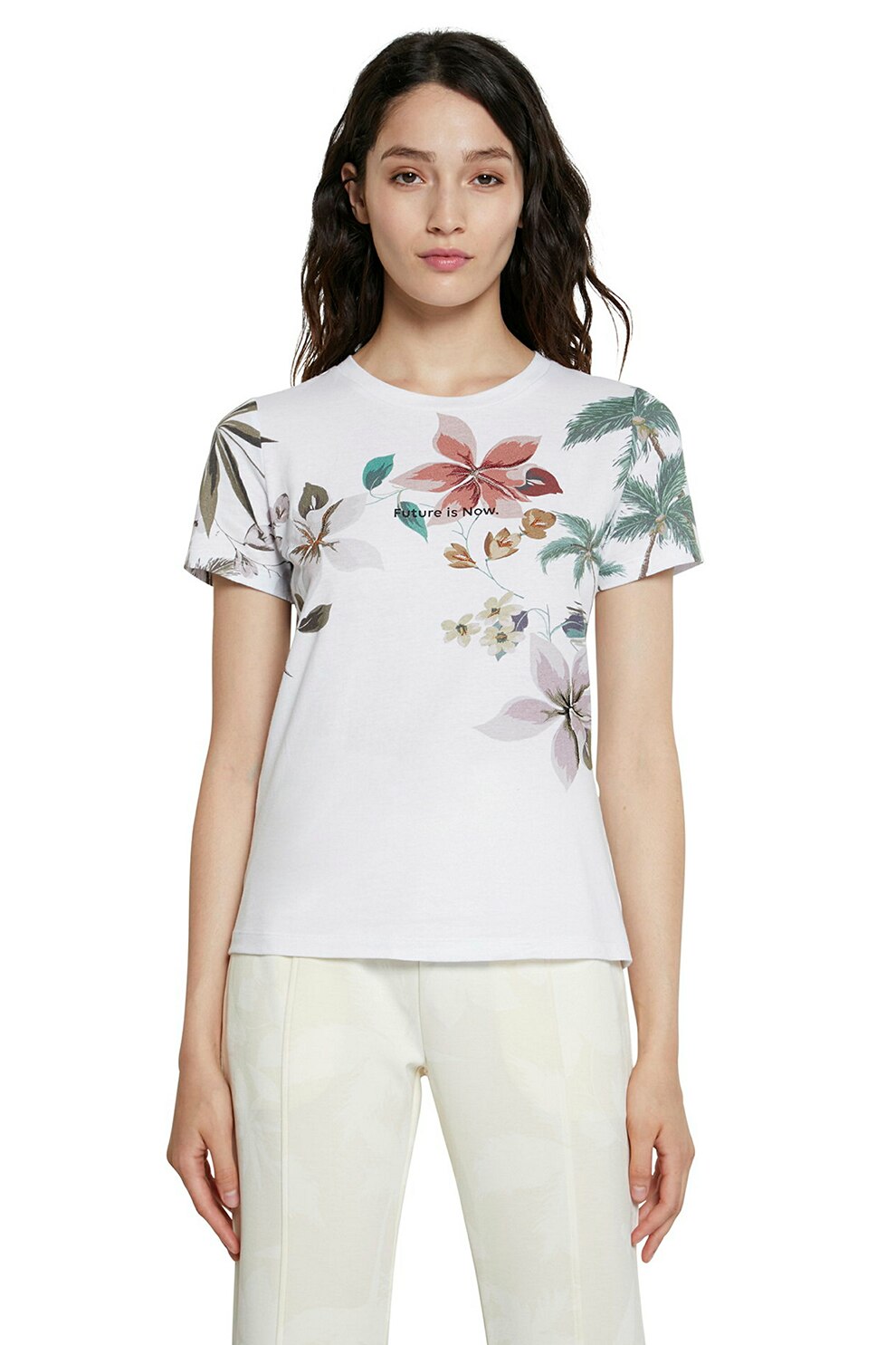 DESIGUAL, Tricou cu imprimeu tropical si decupaj pe partea din spate, Alb/Verde/Rosu stins