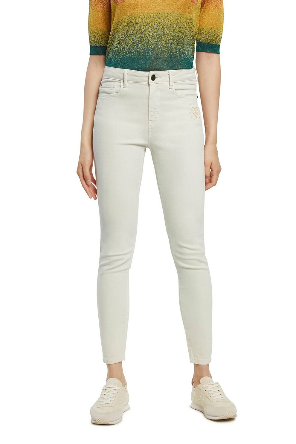 DESIGUAL, Blugi crop skinny, Alb prafuit
