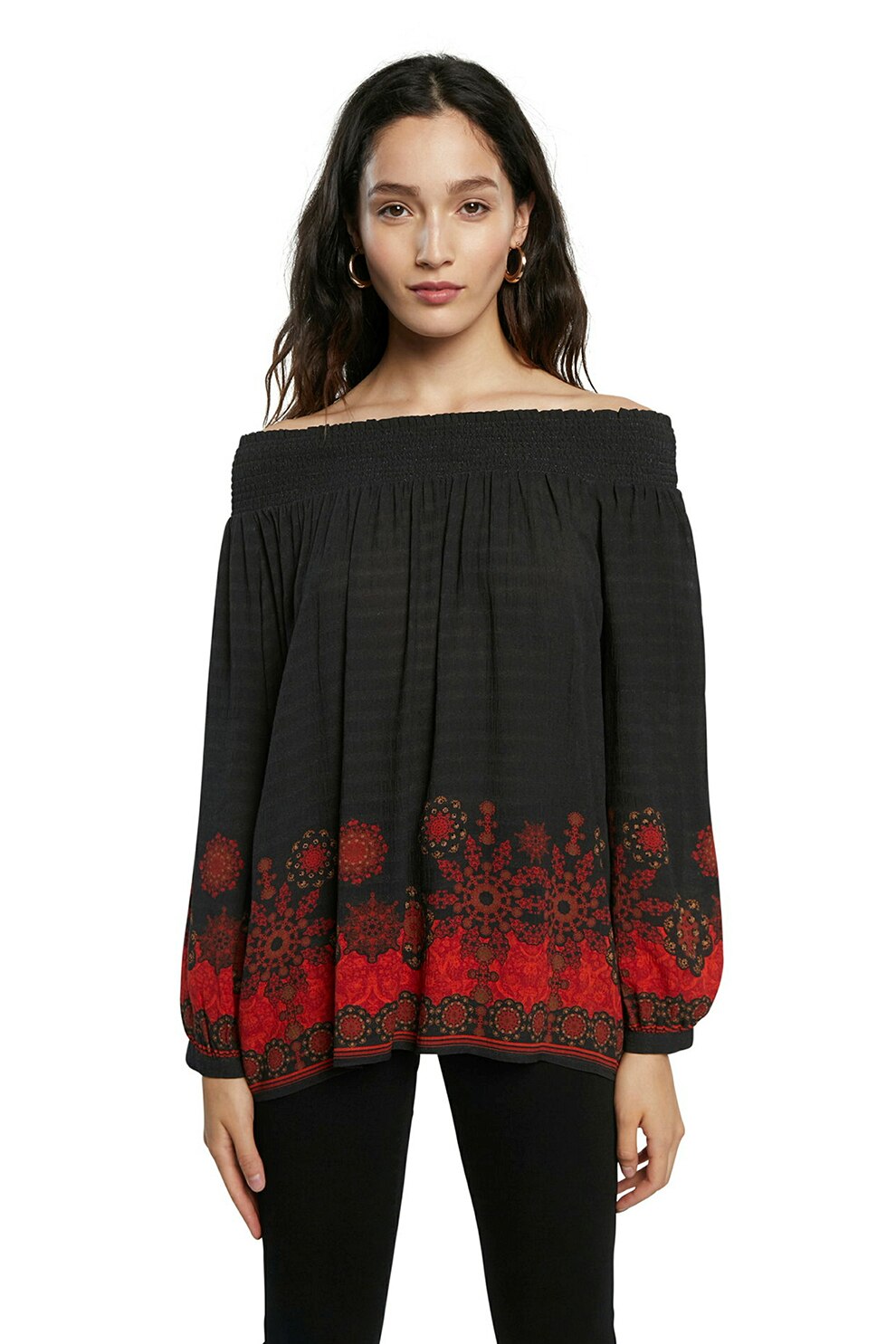DESIGUAL, Bluza cu decolteu pe umeri si imprimeu grafic, Negru/Rosu inchis