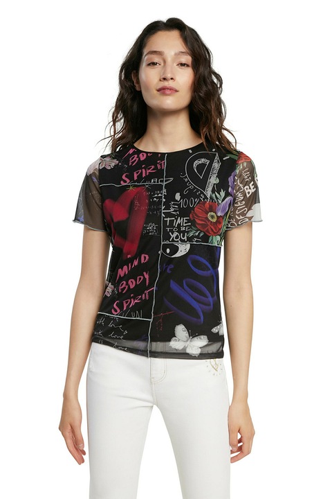 DESIGUAL, Tricou cambrat cu imprimeu variate, Verde/Negru/Gri deschis