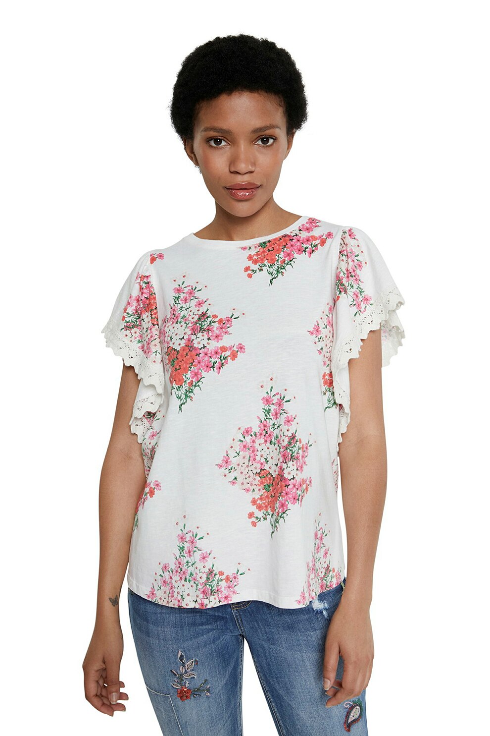 DESIGUAL, Tricou cu imprimeu floral si maneci ample, Alb optic/roz/roz corai