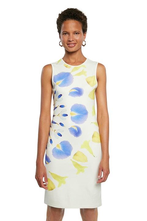 DESIGUAL, Rochie cu decolteu la baza gatului si imprimeu, Alb/Galben pal/Albastru deschis