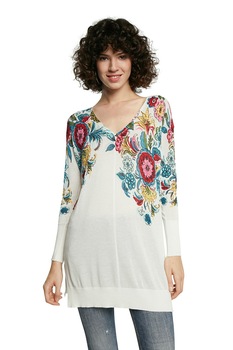 DESIGUAL, Pulover lung tricotat fin, Alb/Albastru petrol/Rosu DESIGUAL, Pulover lung tricotat fin, Alb/Albastru petrol/Rosu