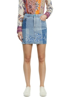 DESIGUAL, Fusta din denim cu broderie florala, Albastru deschis DESIGUAL, Fusta din denim cu broderie florala, Albastru deschis