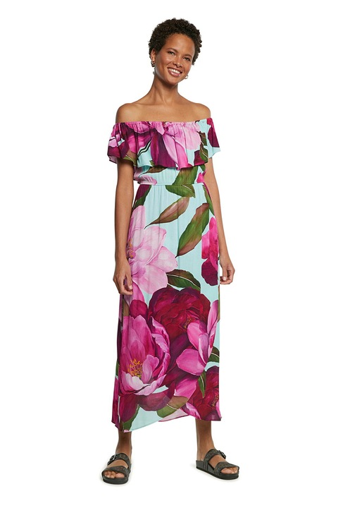 DESIGUAL, Rochie cu imprimeu si decolteu pe umeri, Albastru aquamarin/Roz fandango/Verde feriga