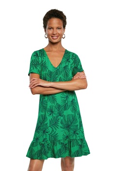 DESIGUAL, Rochie evazata cu imprimeu si decolteu in V, Verde/Negru DESIGUAL, Rochie evazata cu imprimeu si decolteu in V, Verde/Negru