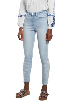 DESIGUAL, Blugi skinny cu detalii brodate, Albastru pastel/Alb DESIGUAL, Blugi skinny cu detalii brodate, Albastru pastel/Alb