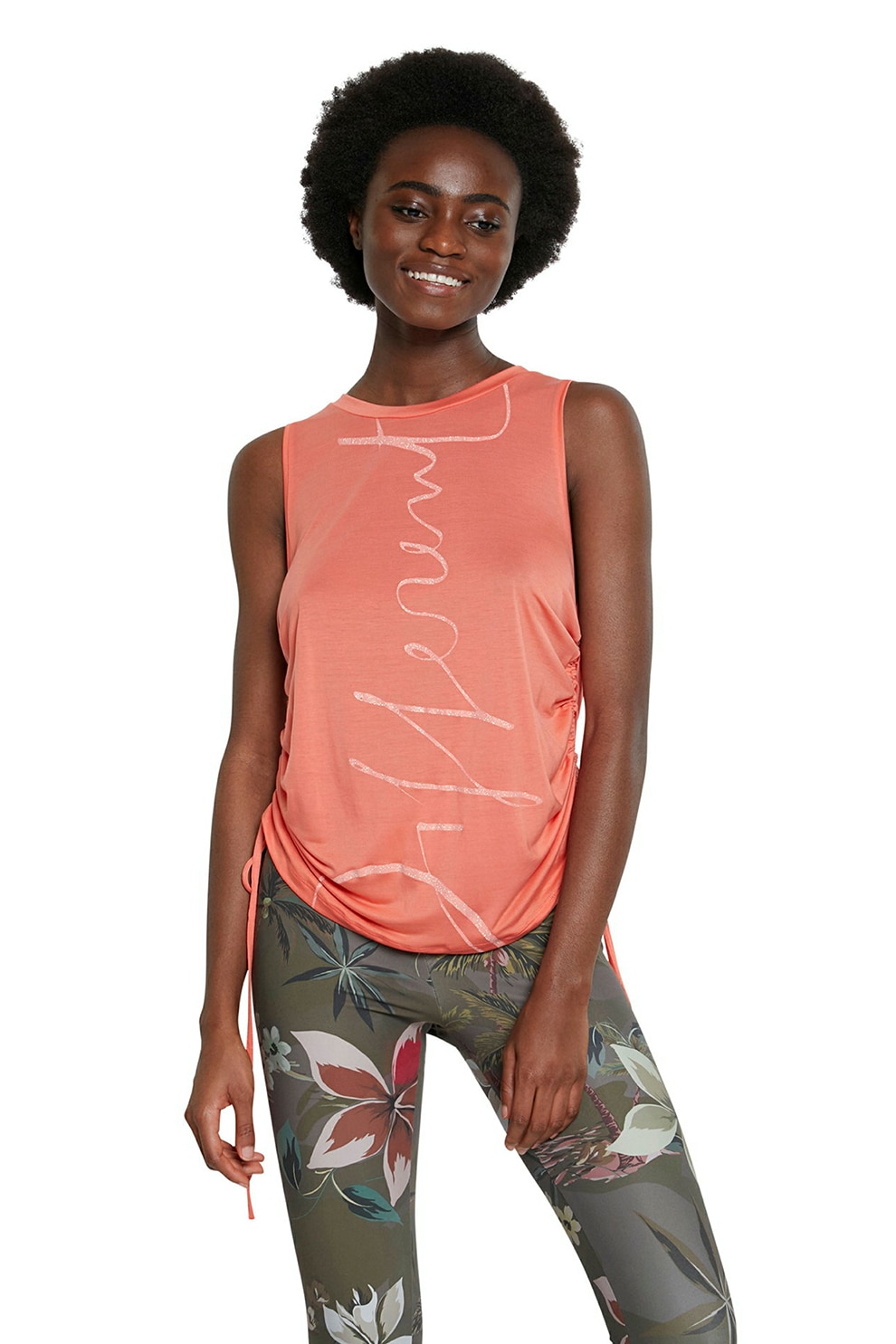 DESIGUAL, Top din lyocell cu snururi laterale de ajustare, Roz somon