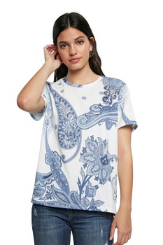 DESIGUAL, Tricou cu imprimeu paisley, Alb optic/ALbastru lavanda DESIGUAL, Tricou cu imprimeu paisley, Alb optic/ALbastru lavanda
