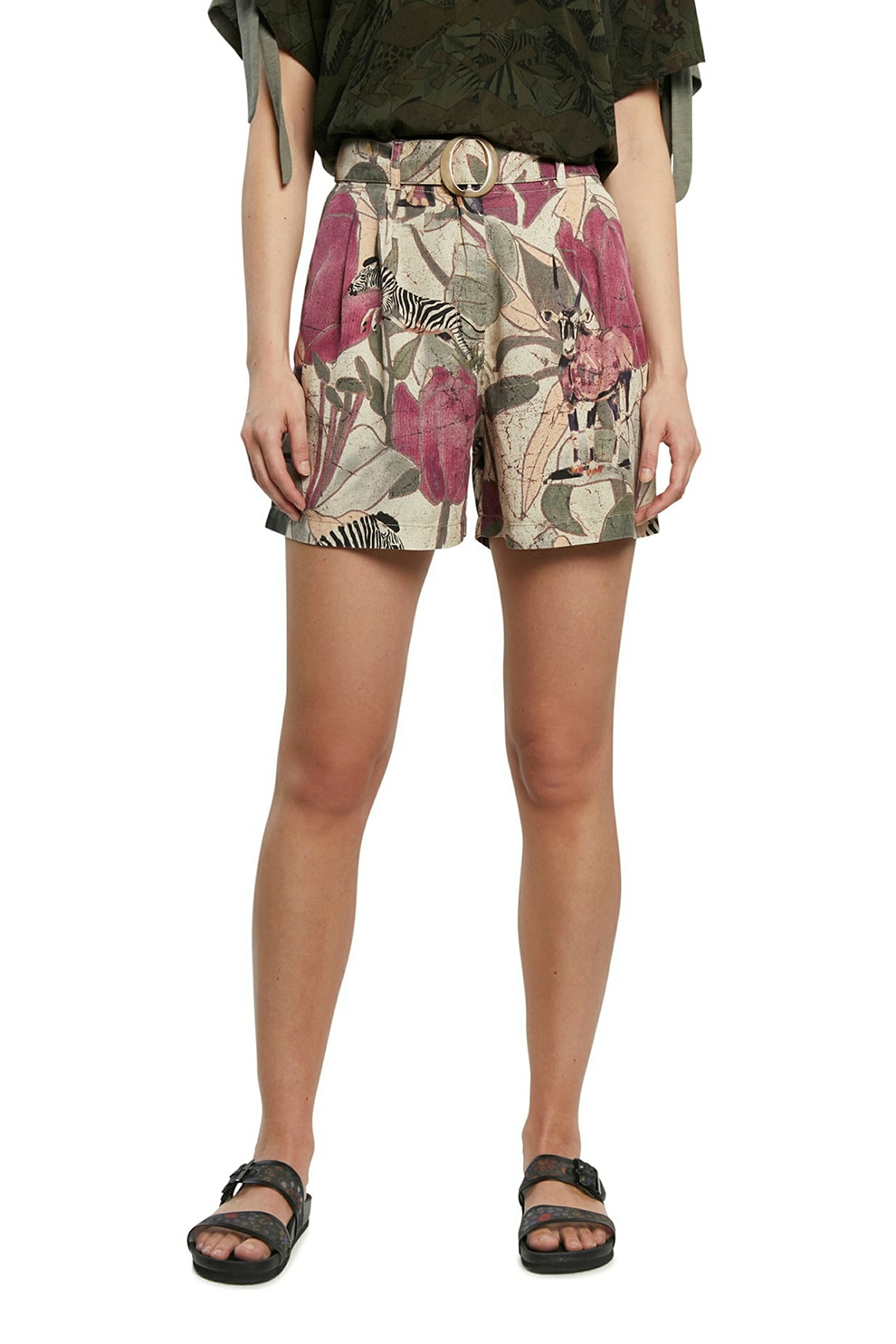 DESIGUAL, Pantaloni scurti din lyocell cu talie inalta, Verde pal/verde militar/violet tyrian