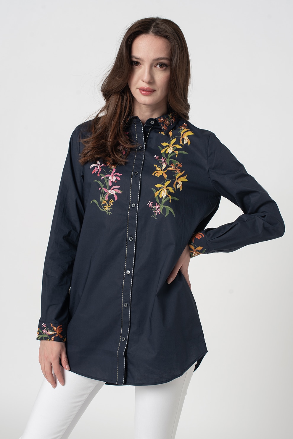 DESIGUAL, Camasa cu imprimeuri florale Vailina, bleumarin inchis, galben sofran, rosu stins
