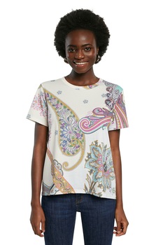 DESIGUAL, Tricou cu imprimeu paisley, Alb/Roz/Albastru pastel