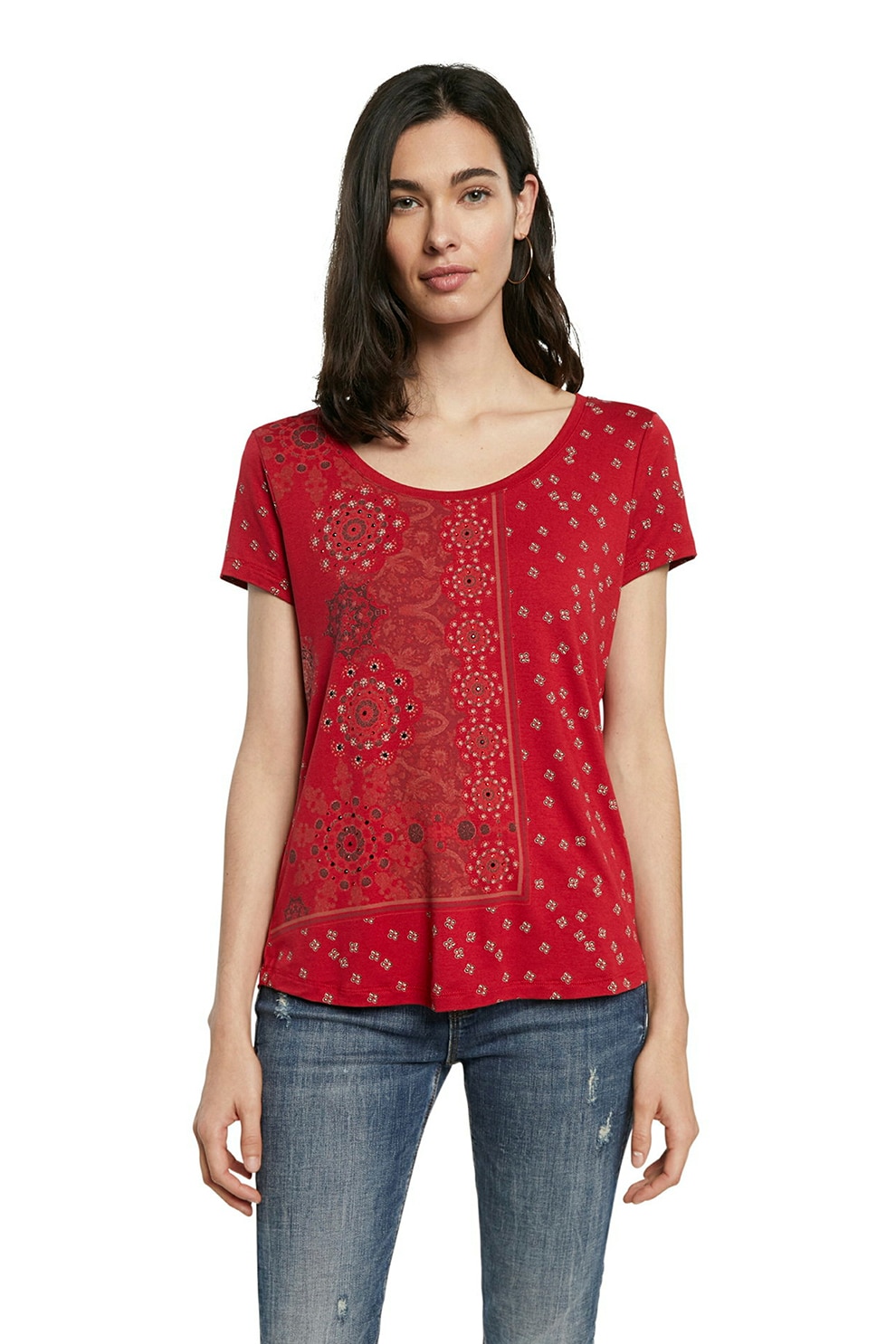 DESIGUAL, Tricou cu imprimeu si decolteu adanc, Rosu inchis