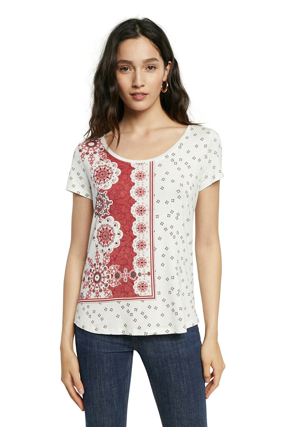 DESIGUAL, Tricou cu imprimeu si decolteu adanc, Alb/Rosu/Negru