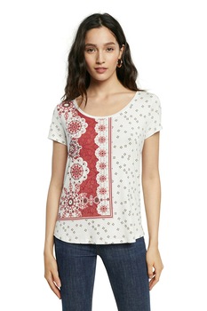 DESIGUAL, Tricou cu imprimeu si decolteu adanc, Alb/Rosu/Negru DESIGUAL, Tricou cu imprimeu si decolteu adanc, Alb/Rosu/Negru