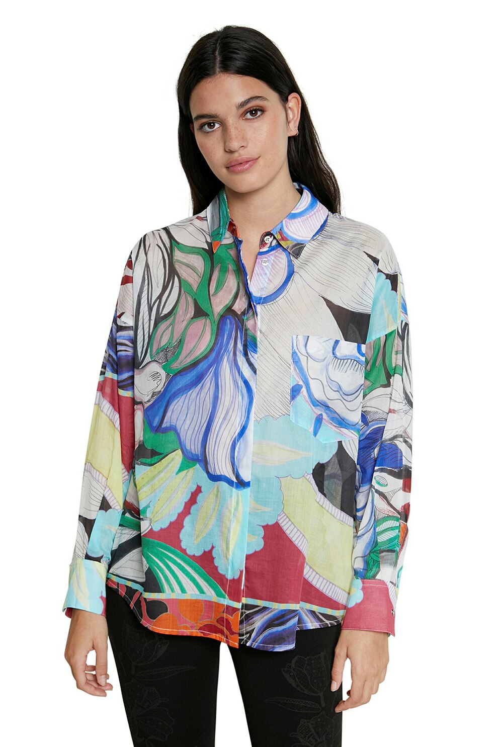 DESIGUAL, Camasa cu model abstract si buzunar aplicat, Albastru/Verde/Alb