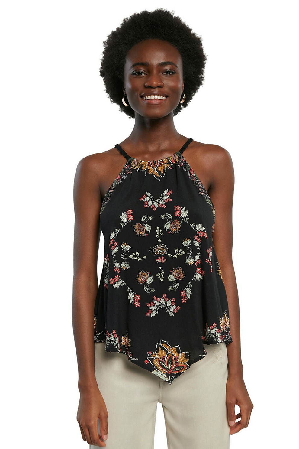 DESIGUAL, Bluza fara maneci cu terminatie asimetrica si imprimeu floral, Negru/Verde pal/Rosu
