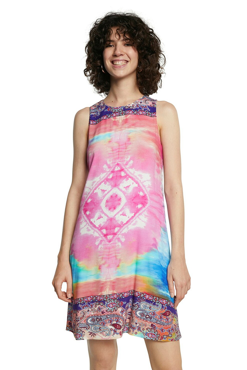 DESIGUAL, Rochie cu imprimeu si decolteu rotund, Roz pastel/Albastru